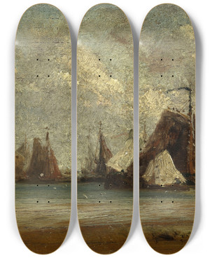 Triptych art skateboard deck of Flix Ziem Les Sloops De Pche by Felix Ziem (1821-1911)