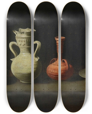 Triptych art skateboard deck of Francisco De Zurbarn Still Life With Four Vessels by Francisco de Zurbarn (1598-1664)