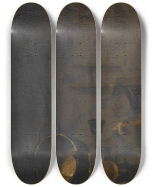 Triptych art skateboard deck of Sbastien Bourdon Kitchen With Hare by Sebastien Bourdon (1616-1671)