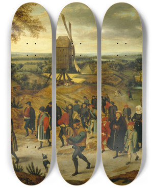 Triptych art skateboard deck of Pieter Brueghel The Younger The Wedding Procession by Pieter Brueghel The Younger (1565-1636)