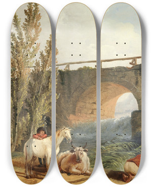 Triptych art skateboard deck of Hubert Robert Bridge Over A Cascade by Hubert Robert (1733-1808)