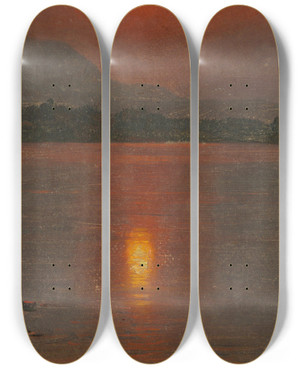 Triptych art skateboard deck of Frederic Edwin Church Lake Millinocket Sunset by Frederic Edwin Church (1826-1900)