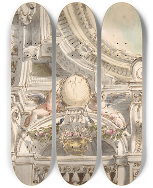 Triptych art skateboard deck of Faustino Trebbi Design For A Ceiling by Faustino Trebbi (1761-1836)