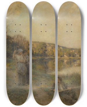 Triptych art skateboard deck of Lon Augustin Lhermitte Fin De Belle Journee Soleil Couchant Pecheur by Lon Augustin Lhermitte (1844-1925)