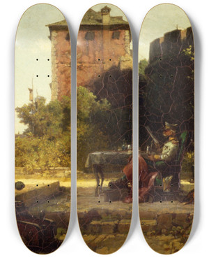 Triptych art skateboard deck of Carl Spitzweg The Old Fortress Commandant by Carl Spitzweg (1808-1880)