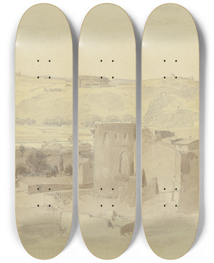 Triptych art skateboard deck of Fritz Bamberger Building Ensemble Near Toledo by Fritz Bamberger (1814-1873)