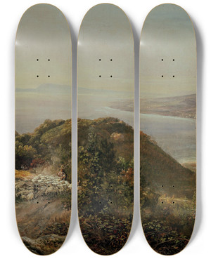 Triptych art skateboard deck of Johan Christian Dahl View From Pimonte by Johan Christian Dahl (1788-1857)