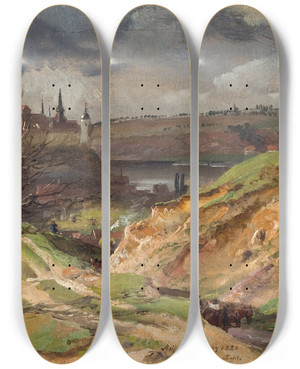 Triptych art skateboard deck of Johan Christian Dahl View Of Meissenstudy by Johan Christian Dahl (1788-1857)