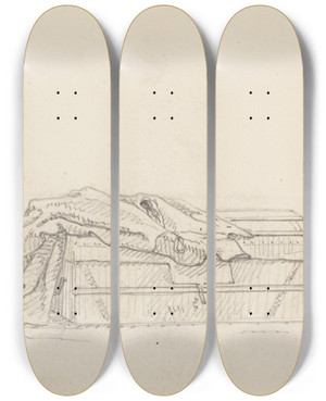 Triptych art skateboard deck of Martinus Rrbye Studie Af En Kuffert Og En Kappe by Martinus Rorbye (1803-1848)