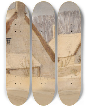 Triptych art skateboard deck of Arthur Joseph Gaskin Cottages In Snow by Arthur Joseph Gaskin (1862-1928)
