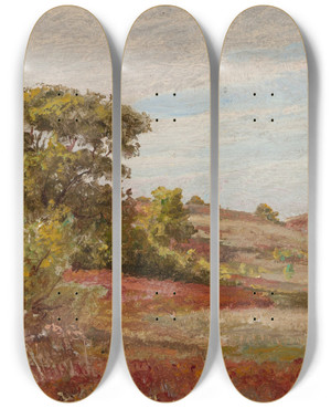 Triptych art skateboard deck of William Trost Richards Huckleberry Bushes At Matunuck Rhode Island by William Trost Richards (1833-1905)