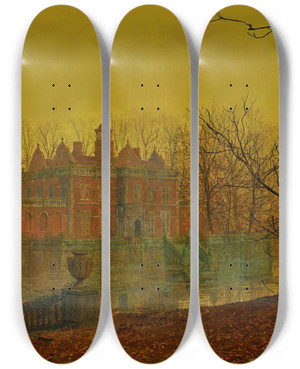 Triptych art skateboard deck of John Atkinson Grimshaw A Moated Yorkshire Home by John Atkinson Grimshaw (1836-1893)