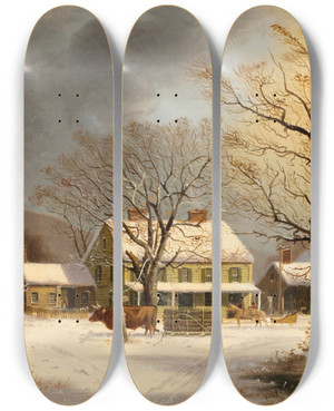 Triptych art skateboard deck of George Henry Durrie Miles To Salem by George Henry Durrie (1820-1863)