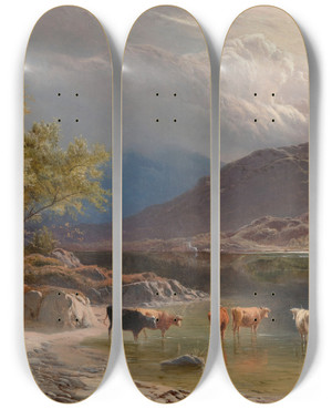 Triptych art skateboard deck of Sidney Richard Percy Cattle Watering By A Loch by Sidney Richard Percy (1821-1886)