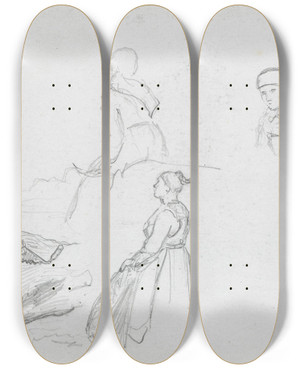Triptych art skateboard deck of Hans Gude Figurstudier by Hans Gude (1825-1903)