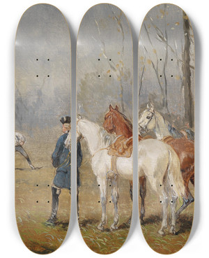 Triptych art skateboard deck of Alexander Von Bensa Das Duell by Alexander Von Bensa (1820-1902)