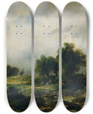 Triptych art skateboard deck of Remigius Adrianus Van Haanen Sommerlandschaft by Remigius Adrianus Van Haanen (1812-1894)