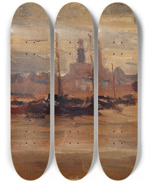 Triptych art skateboard deck of Germain Eugne Bonneton La Seine Au Pont Des Invalides Inondations De 1910 by Germain Eugene Bonneton (1874-1915)