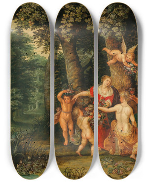Triptych art skateboard deck of Antwerp School A Bacchanal With Ceres And Satyrs by Antwerp School