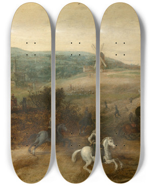 Triptych art skateboard deck of Sebastian Vrancx Landscape With Travellers Attacked By Robbers_2 by Sebastian Vrancx (1573-1647)