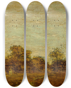 Triptych art skateboard deck of Ralph Albert Blakelock Encampment At Sunset by Ralph Albert Blakelock (1847-1919)