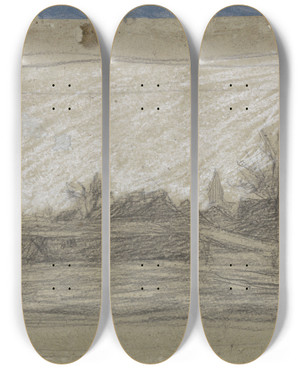 Triptych art skateboard deck of Jan Veth Gezicht Op Een Dorp by Jan Veth (1864-1925)
