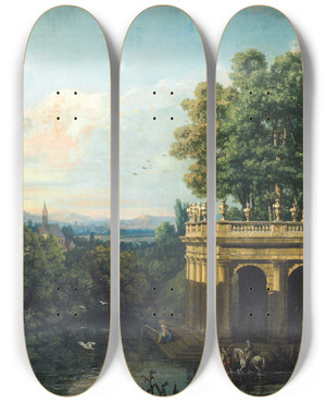 Triptych art skateboard deck of Bernardo Bellotto Architectural Caprice With A Palace by Bernardo Bellotto (1721-1780)