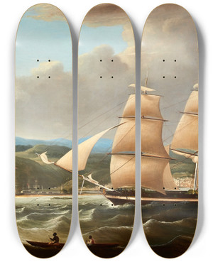 Triptych art skateboard deck of Robert Salmon Lone British Schooner by Robert Salmon (1775-1845)