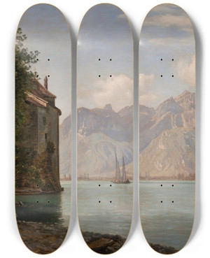 Triptych art skateboard deck of Janus La Cour Chteau De Chillonlake Geneva by Janus La Cour (1837-1909)