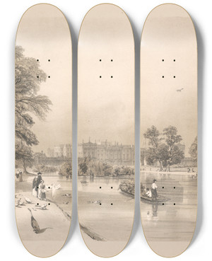 Triptych art skateboard deck of Thomas Shotter Boys Buckingham Palace From St Jamess Park by Thomas Shotter Boys (1803-1874)