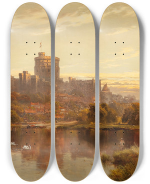 Triptych art skateboard deck of Alfred De Branski Windsor Castle At Sunset by Alfred De Breanski (1852-1928)