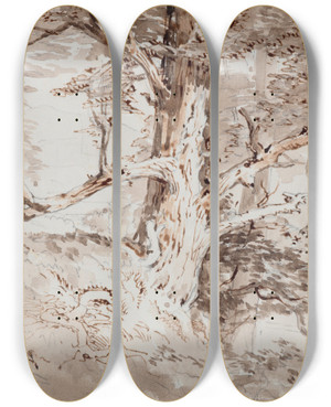 Triptych art skateboard deck of Nicholas Chevalier Birches On The Mararoa by Nicholas Chevalier (1828-1902)