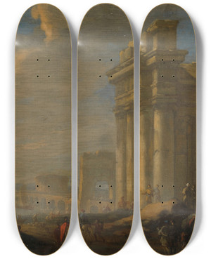 Triptych art skateboard deck of Jacob Van Der Ulft Italian Harbor View by Jacob van der Ulft (1627-1689)