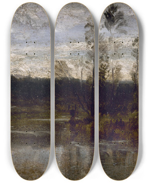 Triptych art skateboard deck of Flix Ziem Bord De Rivire by Felix Ziem (1821-1911)