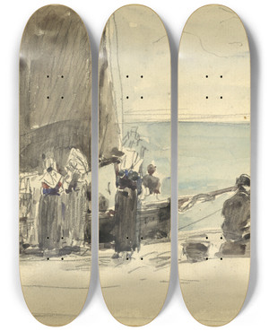 Triptych art skateboard deck of Eugne Boudin Loading The Boats by Eugene Boudin (1824-1898)