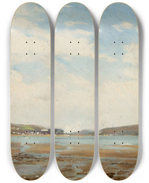 Triptych art skateboard deck of Hans Schleich Waterside Landscape by Hans Schleich (1834-1912)