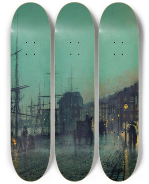 Triptych art skateboard deck of John Atkinson Grimshaw Shipping On The Clyde by John Atkinson Grimshaw (1836-1893)