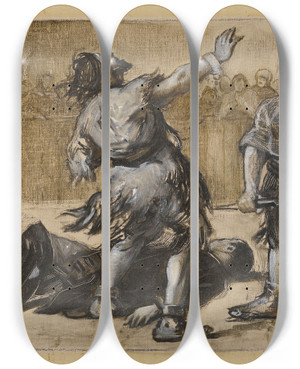 Triptych art skateboard deck of Albert Guillaume Dmarest Han Dislande Devant Le Tribunal by Albert Guillaume Demarest (1848-1906)