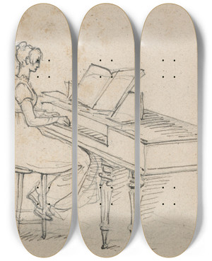 Triptych art skateboard deck of Benjamin West Woman At A Square Piano by Benjamin West (1738-1820)