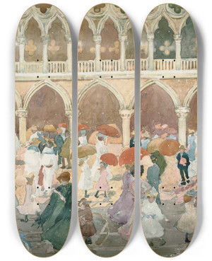 Triptych art skateboard deck of Maurice Prendergast Sunlight On The Piazzetta by Maurice Prendergast (1858-1924)