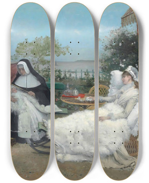 Triptych art skateboard deck of Ernestange Duez Resting On The Terrace Villerville by Ernest-Ange Duez (1843-1896)
