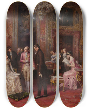 Triptych art skateboard deck of Angelo Zoffoli The Presentation To The Prospective Suitor by Angelo Zoffoli