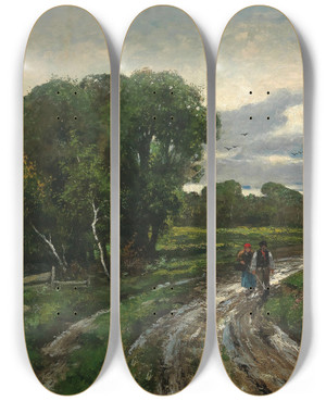 Triptych art skateboard deck of Adolf Kaufmann After The Rain by Adolf Kaufmann (1848-1916)