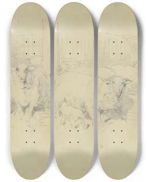 Triptych art skateboard deck of Jacob Happ A Sheepfold by Jacob Happ (1861-1936)