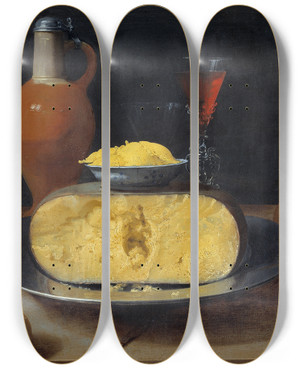 Triptych art skateboard deck of Jacob Foppens Van Es Breakfast Piece With Cheese And Goblet by Jacob Foppens Van Es (1596-1666)
