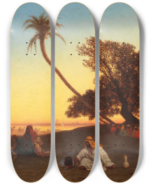 Triptych art skateboard deck of Charles Thodore Frre Crpuscule Aux Bords De Nile by Charles Theodore Frere (1814-1888)