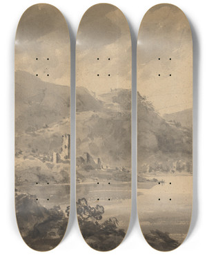 Triptych art skateboard deck of William Gilpin Landscape With River Castle And Mountains by William Gilpin (1724-1804)