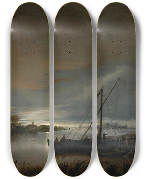 Triptych art skateboard deck of Anthonie Van Borssum A Moonlit River Landscape by Anthonie Van Borssum (1630-1677)