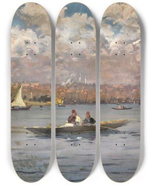 Triptych art skateboard deck of Fausto Zonaro Constantinople From The Bosphorus by Fausto Zonaro (1854-1929)