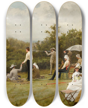 Triptych art skateboard deck of Thomas Blinks Walter Winans On The Running Deer Range Wimbledon Common by Thomas Blinks (1853-1912)